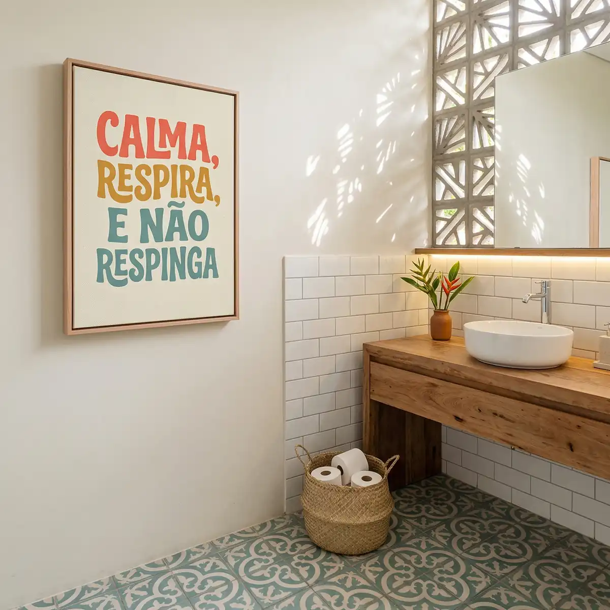 Lavabo com espelho, plantas e, ao lado, um quadro a frase divertida "Calma, respira e não respinga"