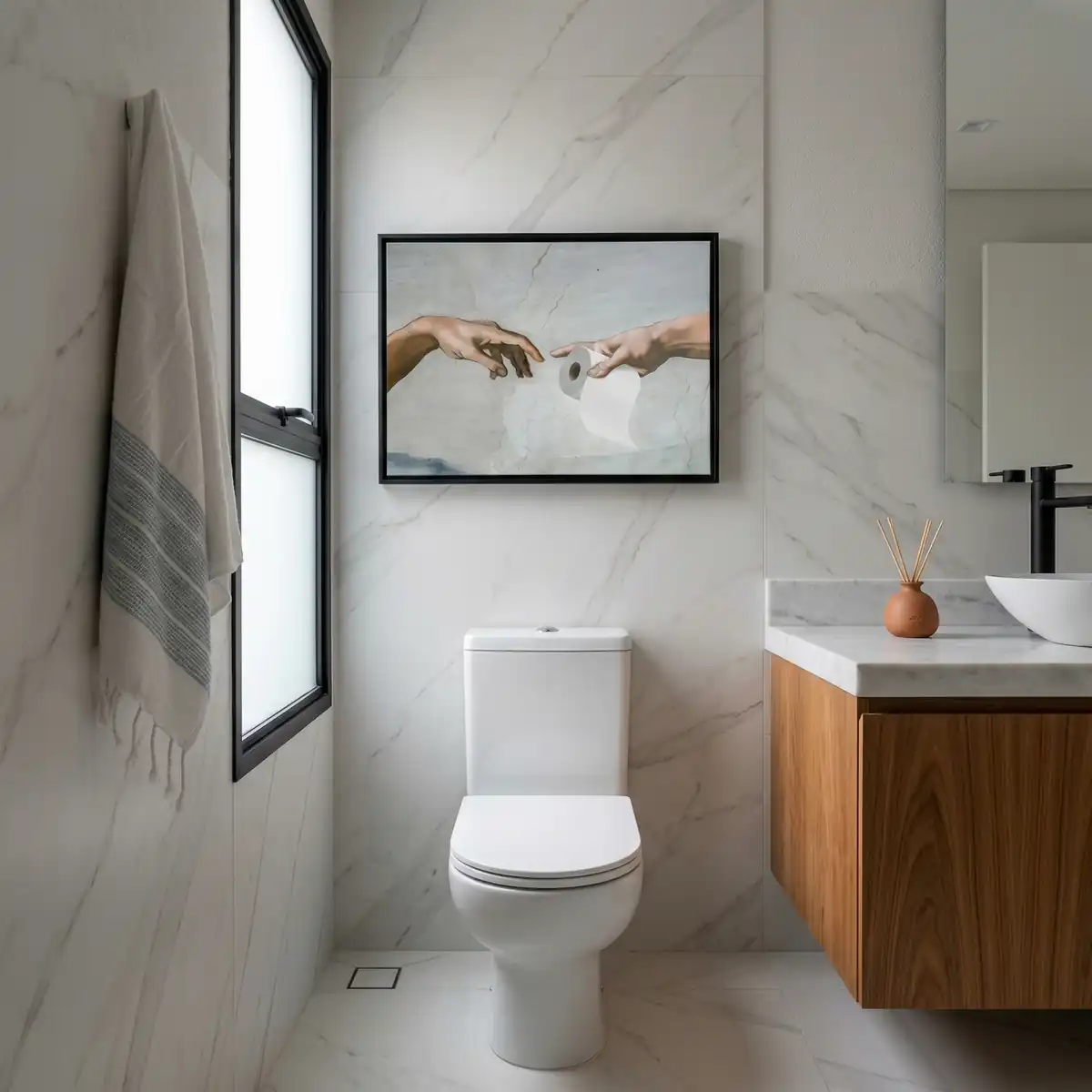 Banheiro com um quadro engraçado representando a mão entregando o papel higiênico para outra mão