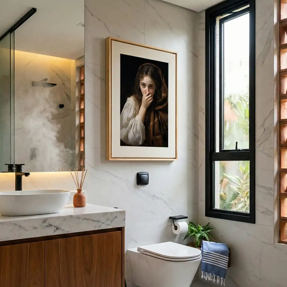 Banheiro com vapor e umidade e, sobre o vaso, um quadro engraçado