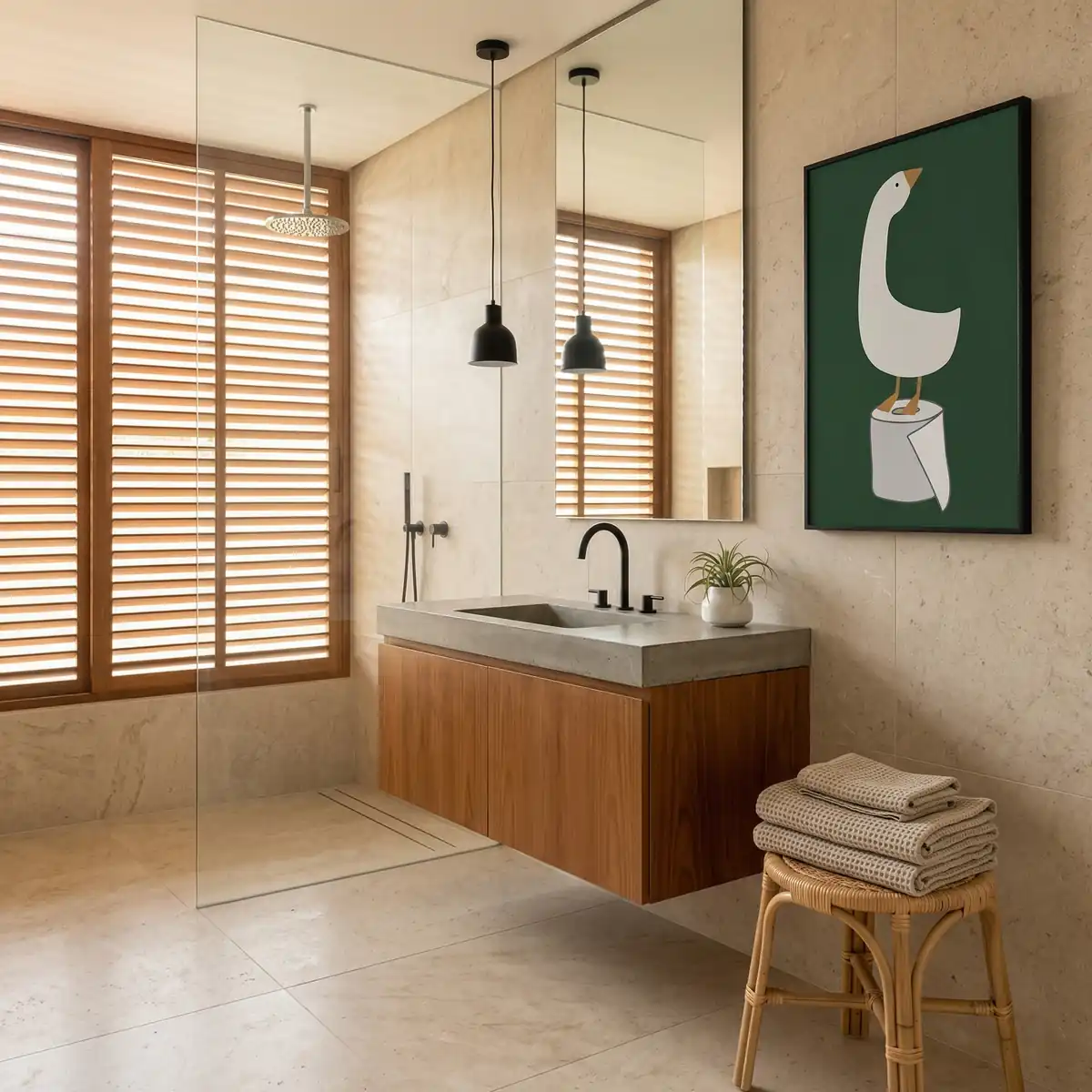 Banheiro moderno e minimalista, com um quadro decorativo na parede ao lado