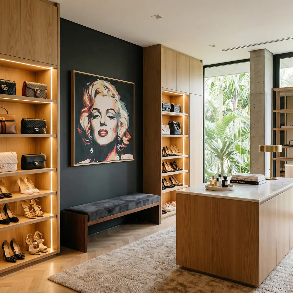Closet moderno e luxuoso com o quadro de Marilyn Monroe na parede