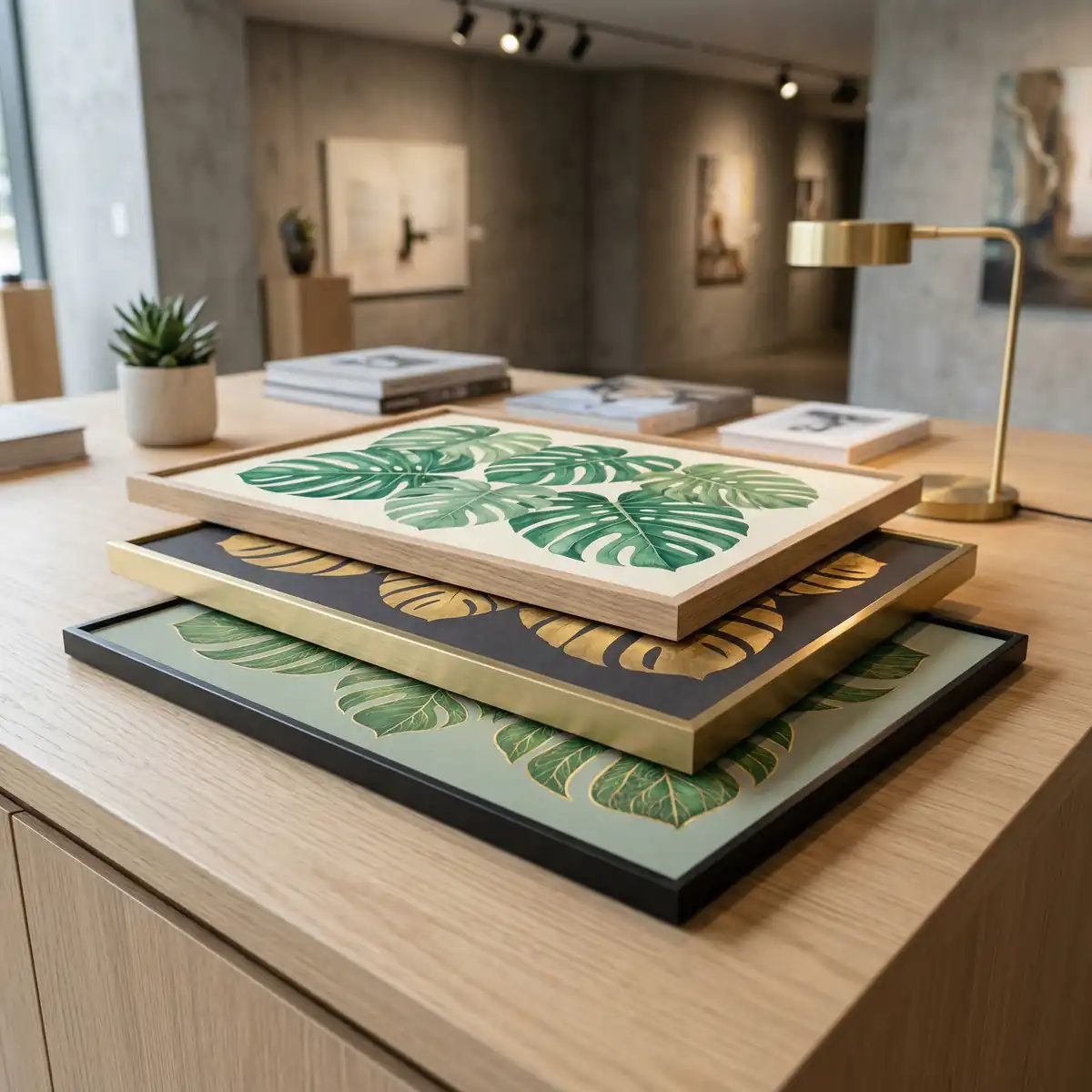Bancada moderna com três quadros decorativos de costela de Adão, cada um com estilo diferente