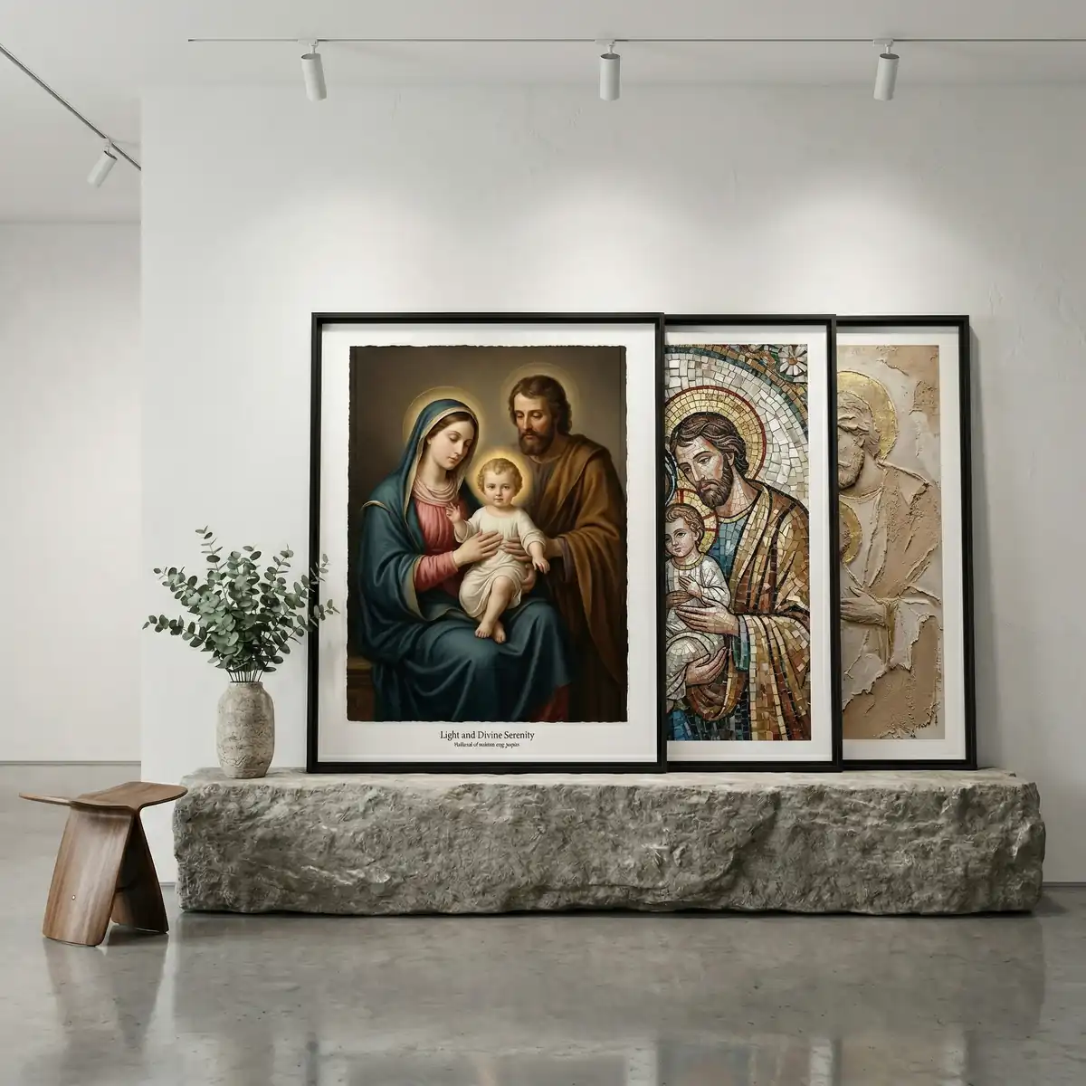 Bancada de uma galeria moderna com diferentes estilos do quadro Sagrada Família