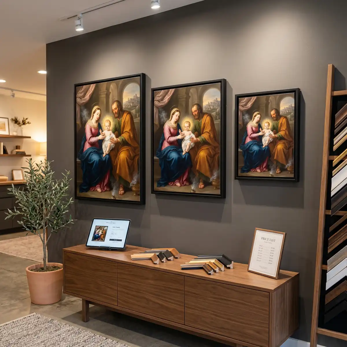 Parede de uma loja de quadros decorativos com 3 diferentes tamanho da obra Sagrada Familia