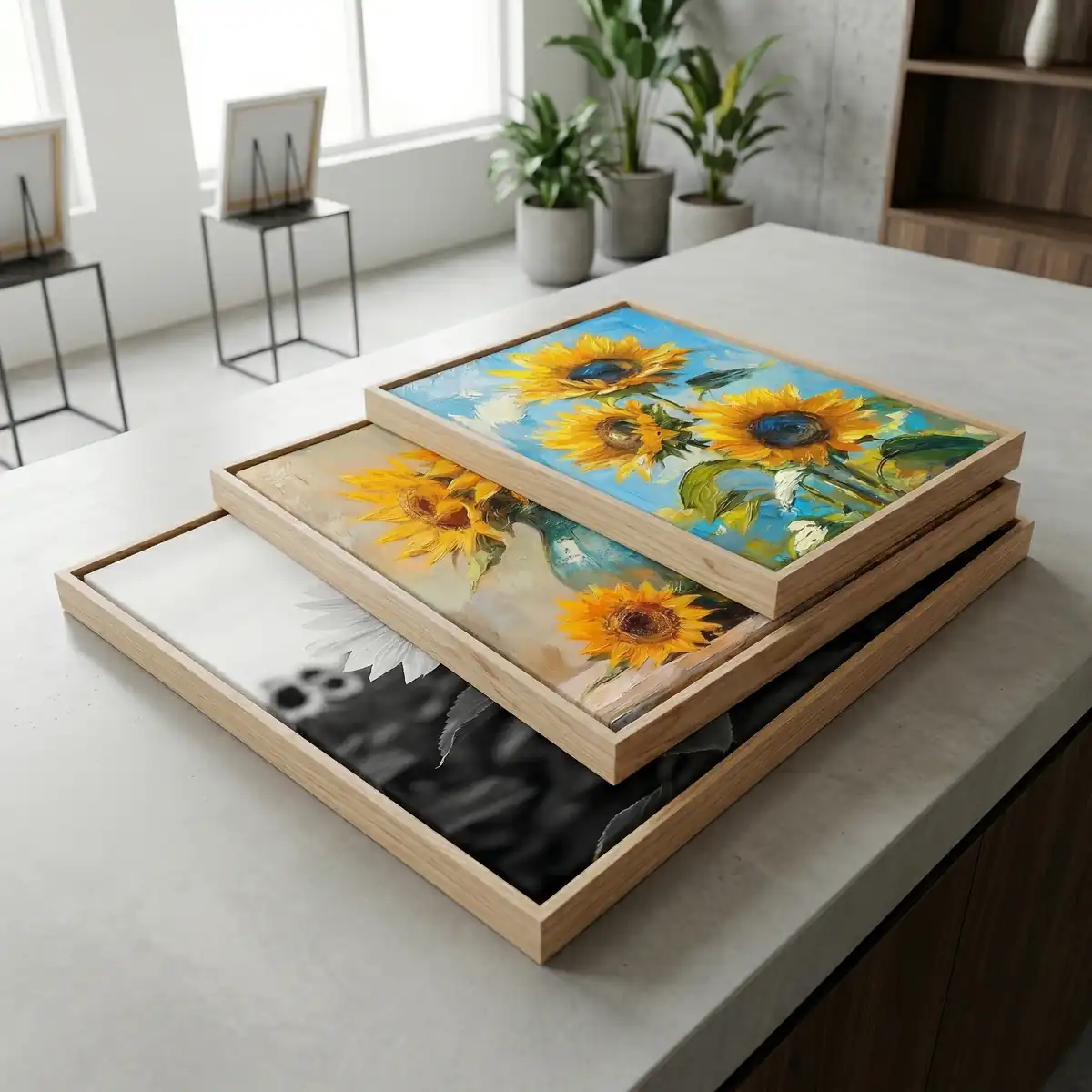 Bancada moderna de uma loja de quadros decorativos com três estilos de arte de girassol diferentes