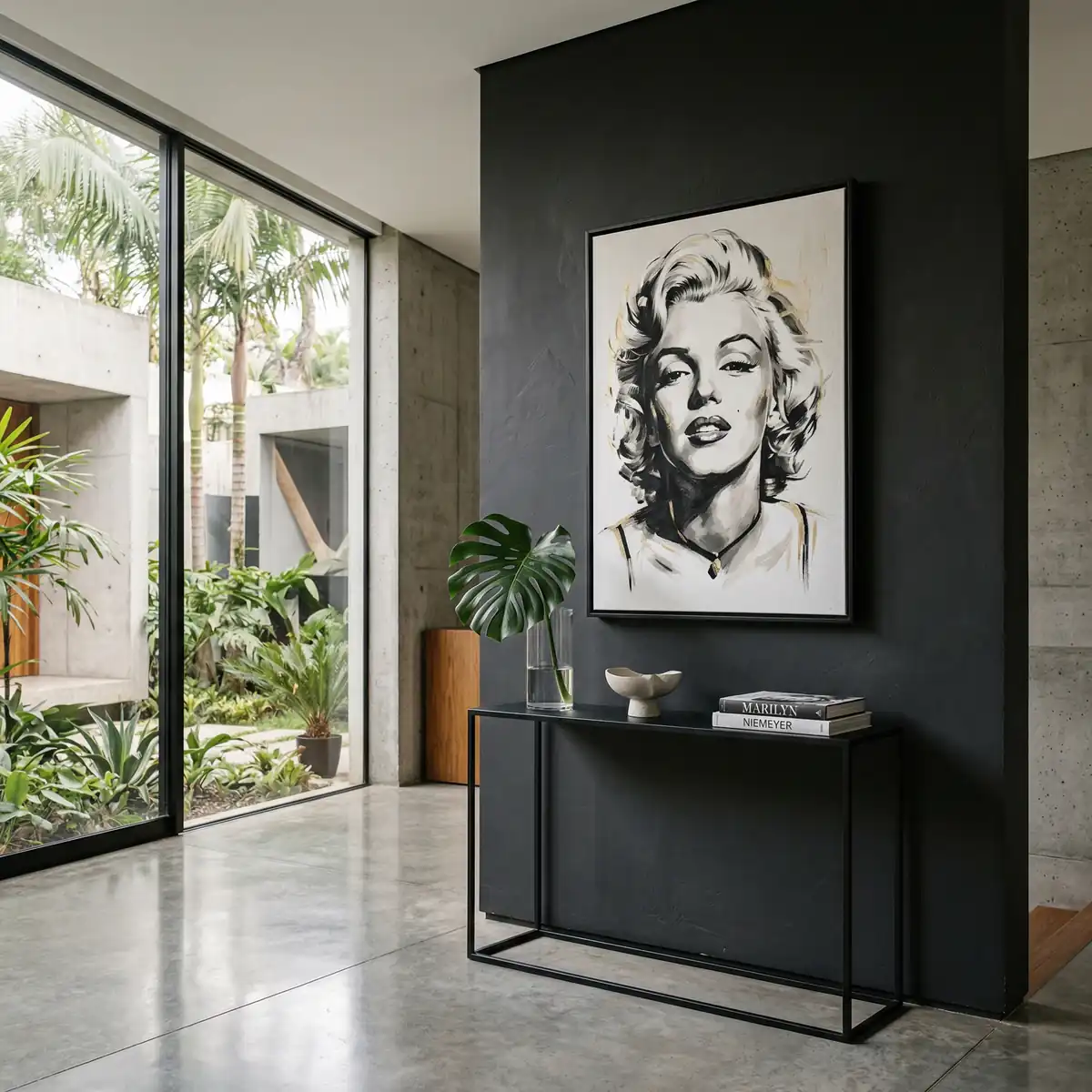 Hall de entrada com paredes escuras, um aparador e, acima, um quadro decorativo de Marilyn Monroe