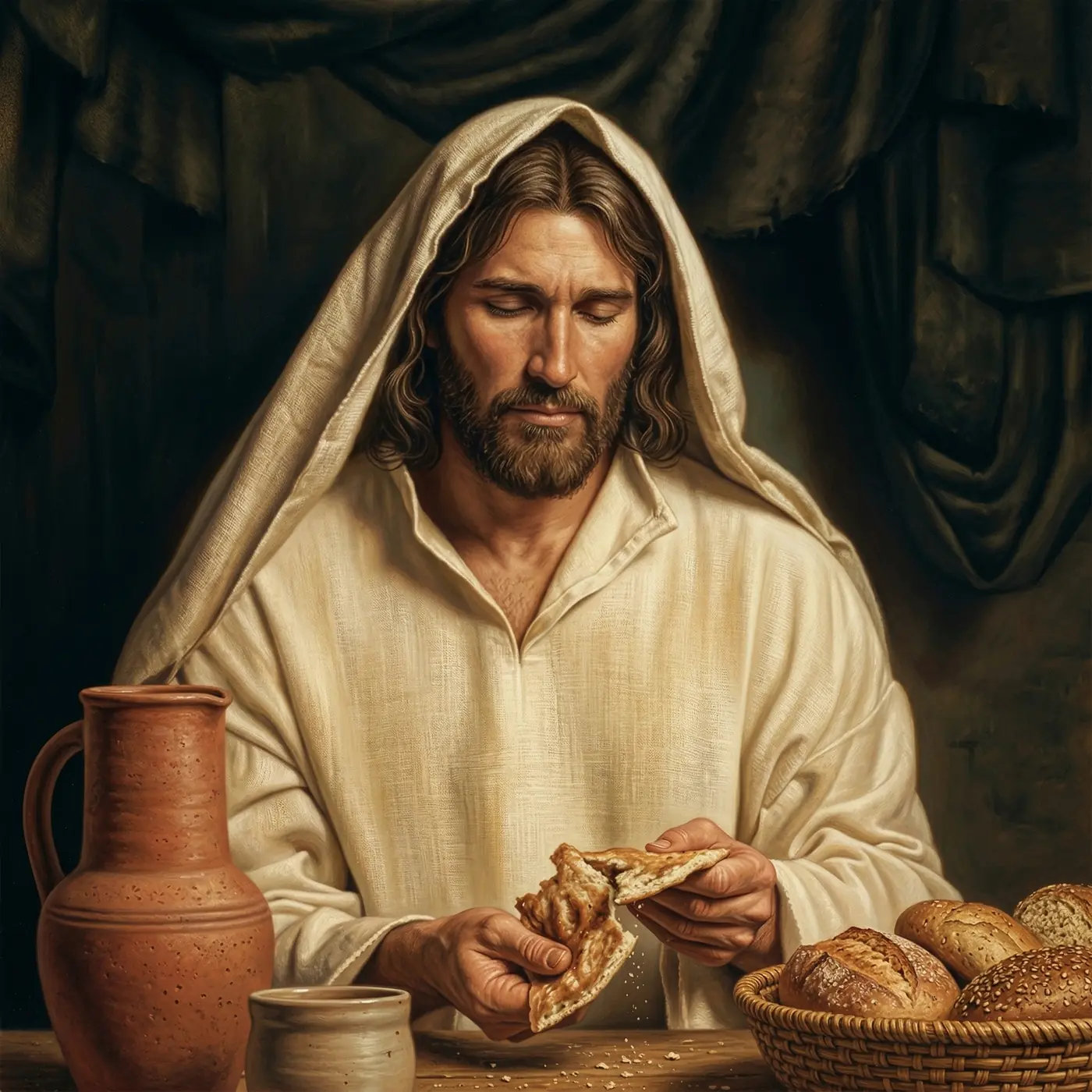 Jesus Cristo partilhando o pão durante a última ceia
