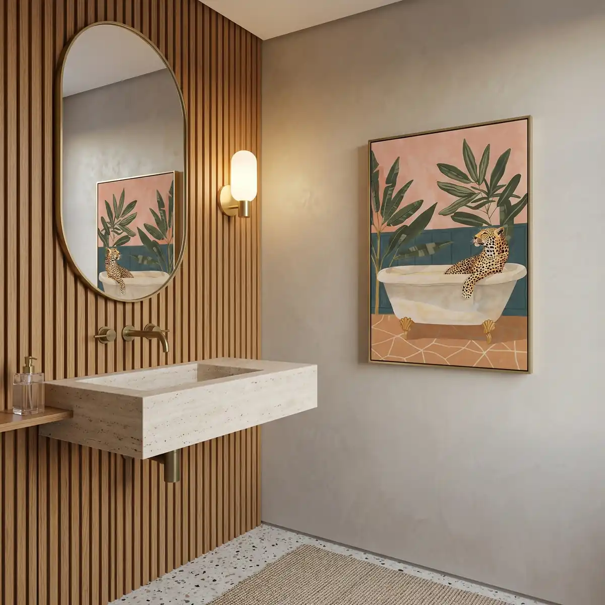 Lavabo com quadro decorativo engraçado na parede ao lado