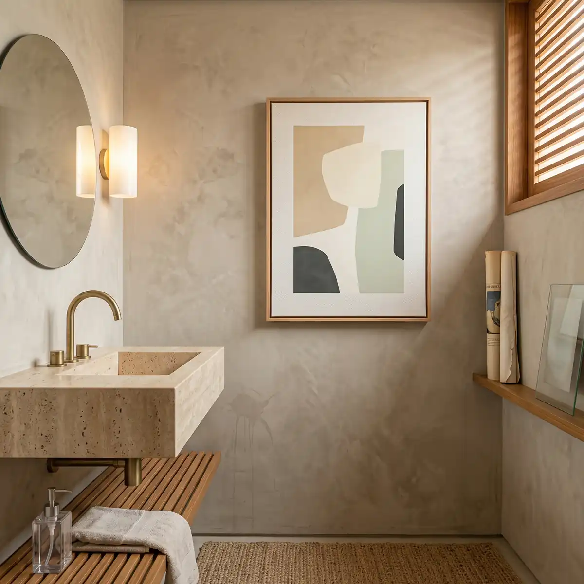 Lavabo moderno e bem iluminado, com espelho e um quadro abstrato na parede ao lado