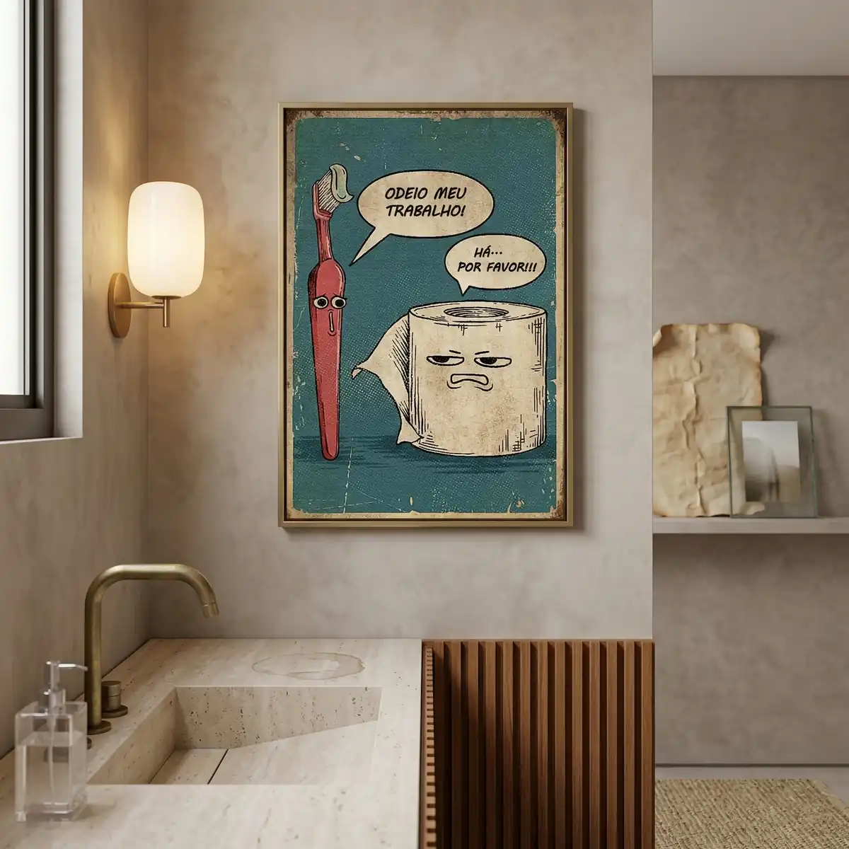 Banheiro moderno com quadro engraçado na parede do lavabo