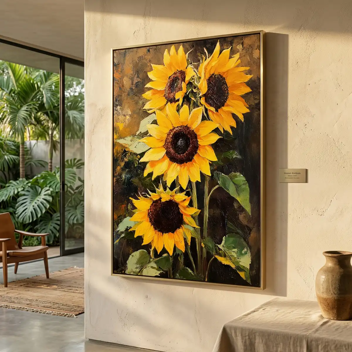 Ambiente sereno em tons neutros com um quadro de girassol na parede