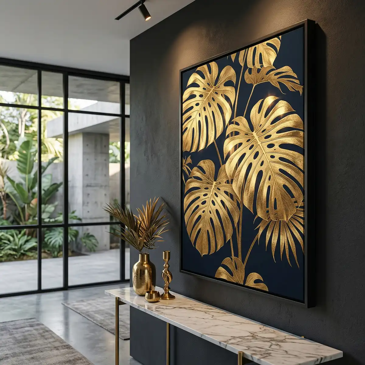 Parede escura com aparador, LEDs e um quadro costela de Adão dominando o espaço