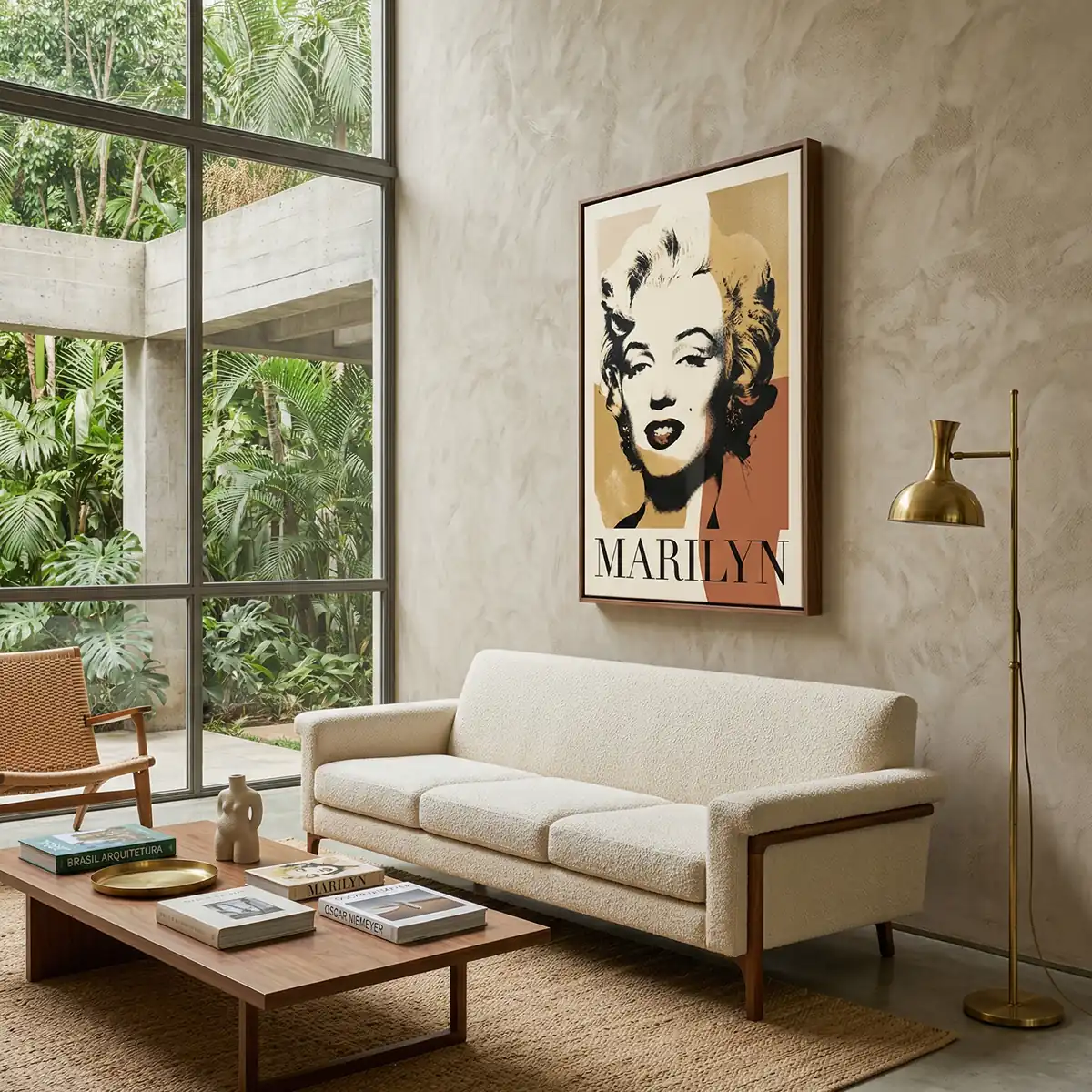 Sala grande e moderna, decorada com quadro de Marilyn Monroe e uma bela mesa de centro