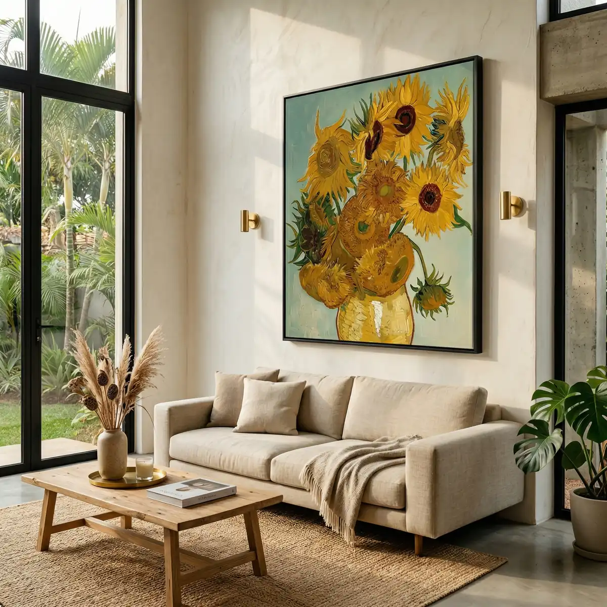 Sala grande e moderna, com mesa de centro, sofá e, na parede, o quadro Girassóis, de Vincent Van Gogh