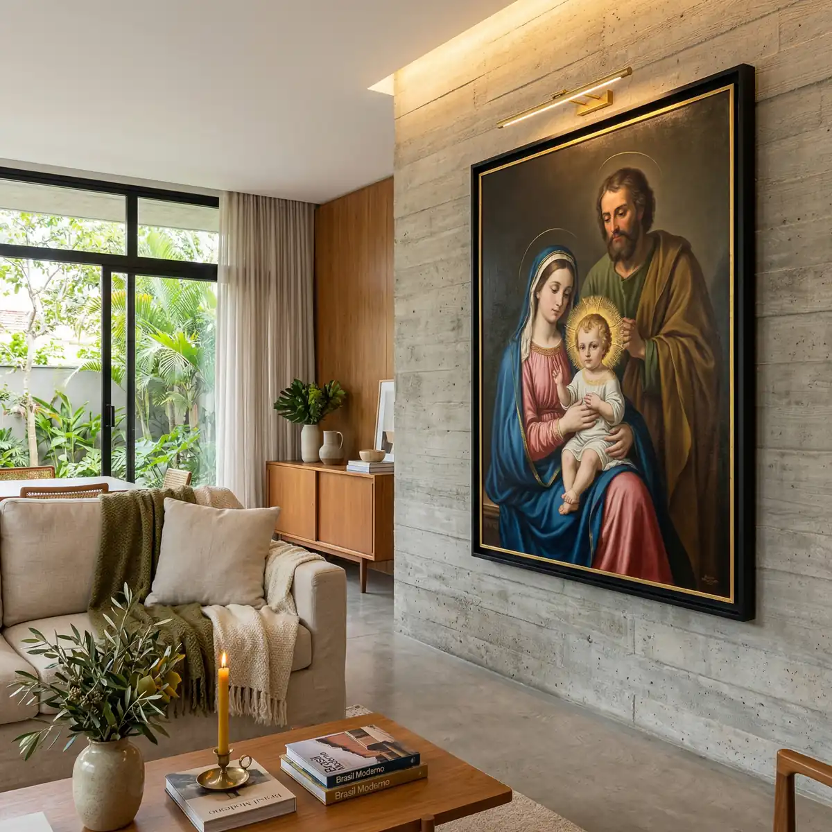 Sala de estar moderna com sofá, mesa de centro, aparador e, ao lado, uma grande quadro da sagrada família