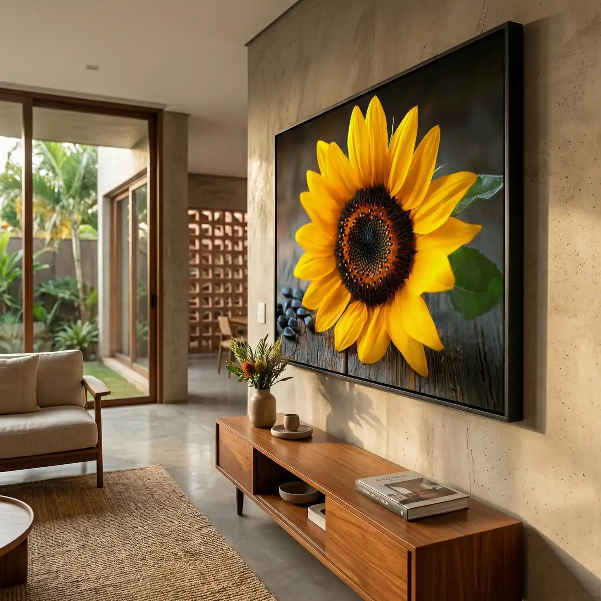 Sala de estar ampla e moderna, com sofá, aparador e um quadro de girassol com moldura na parede