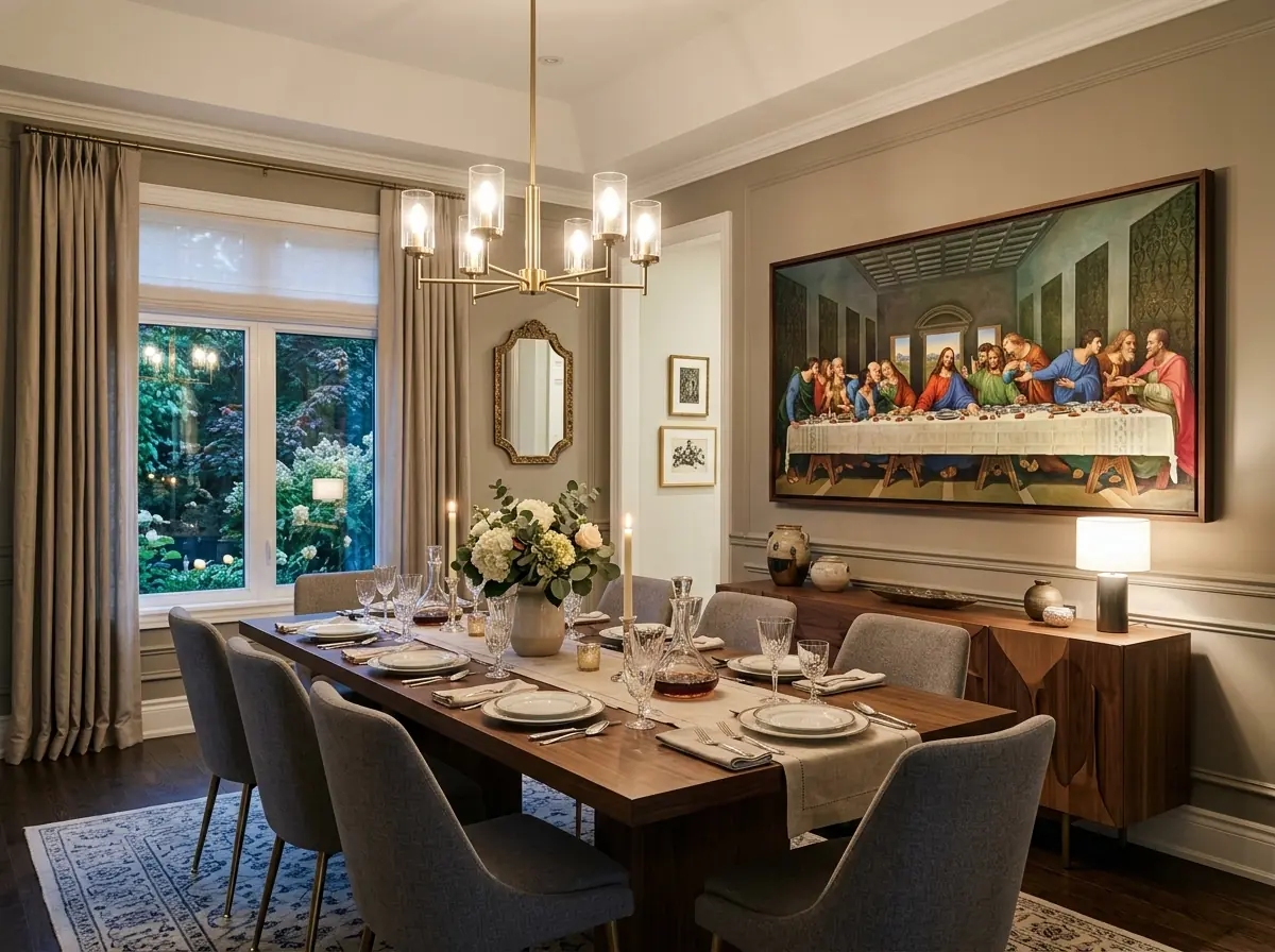 Sala de jantar moderna, com decorações, mesa posta e, na parede, um quadro da Santa Ceia grande