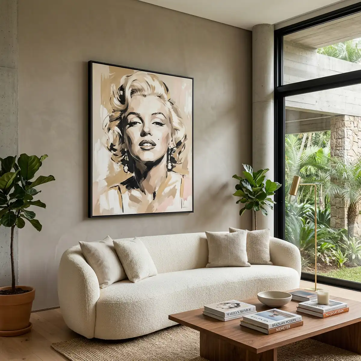 Sala moderna com sofá, mesa de centro e, na parede, um quadro de Marilyn Monroe