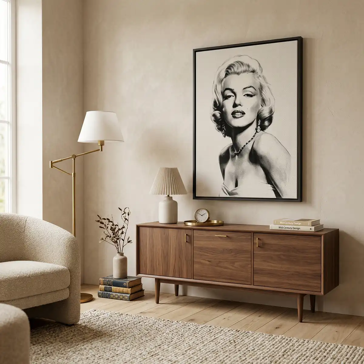 Sala moderna com quadro de Marilyn Monroe na parede