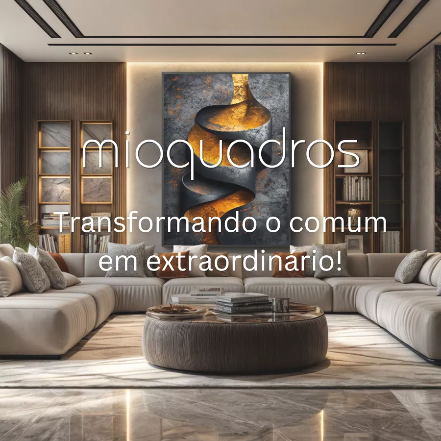 sala decorada com um grande quadro decorativo abstrato em cores metálicas e laranja