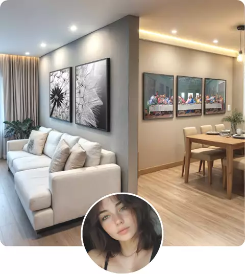 Uma sala com sofá e uma sala de jantas, ambas com quadros decorativos