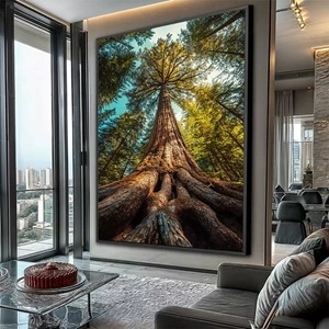 Quadro Árvore Colossal das Raízes Eternas deitado sobre a superfície, mostrando os detalhes da moldura inferior direita.