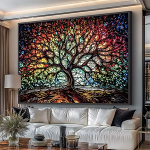 Quadro Árvore da Vida em Cores Radiantes Eternas deitado sobre a superfície, mostrando os detalhes da moldura inferior direita.