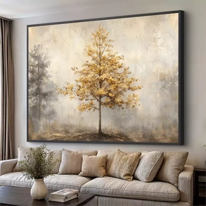 Quadro Árvore Luz Dourada do Entardecer Nebuloso deitado sobre a superfície, mostrando os detalhes da moldura inferior direita.