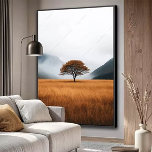 Quadro Árvore Solitária no Vale das Névoas Douradas deitado sobre a superfície, mostrando os detalhes da moldura inferior direita.