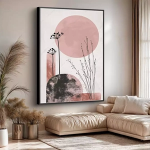 Quadro Boho da Serenidade e Florações Poéticas deitado sobre a superfície, mostrando os detalhes da moldura inferior direita.