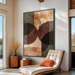 Quadro Boho Geometria Atemporal em Tons Terrosos deitado sobre a superfície, mostrando os detalhes da moldura inferior direita.
