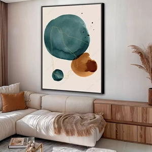 Quadro Boho Interligação de Formas e Tons Abstratos deitado sobre a superfície, mostrando os detalhes da moldura inferior direita.