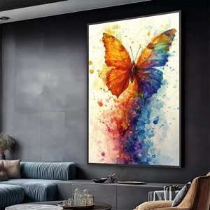 Quadro Borboleta Colorida Voando Em Explosão de Cores deitado sobre a superfície, mostrando os detalhes da moldura inferior direita.