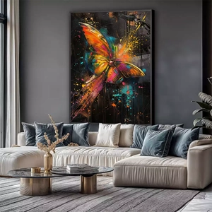 Quadro Borboleta de Fogo em Voo Místico deitado sobre a superfície, mostrando os detalhes da moldura inferior direita.