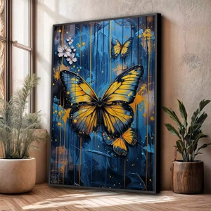 Quadro Borboleta de Luzes e Sonhos Etéreos deitado sobre a superfície, mostrando os detalhes da moldura inferior direita.