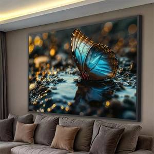 Quadro Borboleta Dourada Brilhando Nas Águas Mágicas deitado sobre a superfície, mostrando os detalhes da moldura inferior direita.