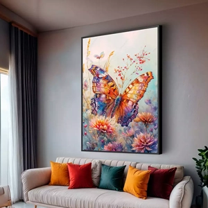 Quadro Borboleta Viajando Pelo Arco deitado sobre a superfície, mostrando os detalhes da moldura inferior direita.