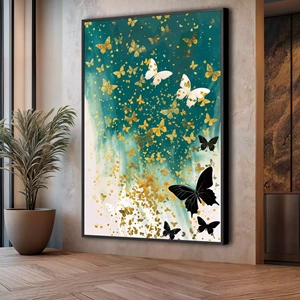 Quadro Borboletas Dançando em Universo de Fantasia deitado sobre a superfície, mostrando os detalhes da moldura inferior direita.