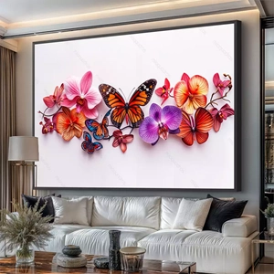 Quadro Borboletas Dançando Entre Orquídeas Vibrantes deitado sobre a superfície, mostrando os detalhes da moldura inferior direita.
