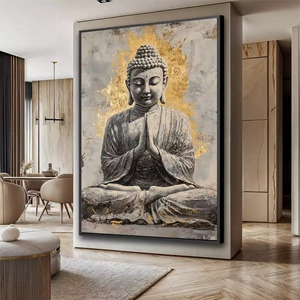 Quadro Buda Meditando na Luz Dourada da Paz deitado sobre a superfície, mostrando os detalhes da moldura inferior direita.