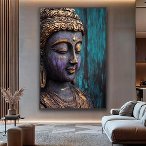 Quadro Buda deitado sobre a superfície, mostrando os detalhes da moldura inferior direita.