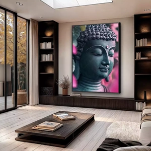 Quadro Buda deitado sobre a superfície, mostrando os detalhes da moldura inferior direita.