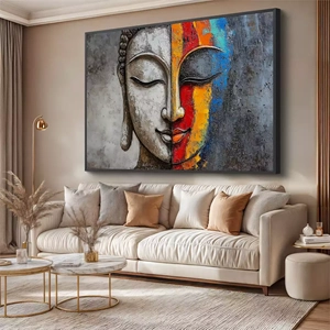 Quadro Buda Sereno Entre Tons de Harmonia deitado sobre a superfície, mostrando os detalhes da moldura inferior direita.