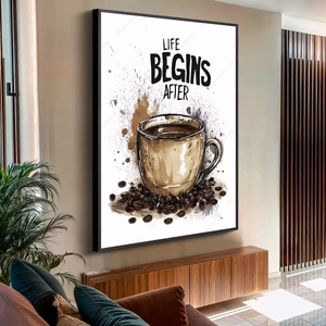 Quadro Café deitado sobre a superfície, mostrando os detalhes da moldura inferior direita.