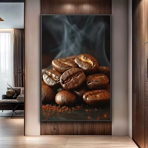 Quadro Café das Essências e Brumas Aromáticas deitado sobre a superfície, mostrando os detalhes da moldura inferior direita.