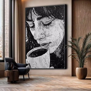 Quadro Café de Silêncios Profundos e Aromas Marcantes deitado sobre a superfície, mostrando os detalhes da moldura inferior direita.