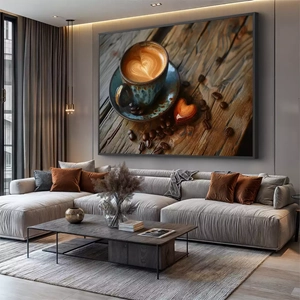 Quadro Café dos Amores e Momentos Aconchegantes deitado sobre a superfície, mostrando os detalhes da moldura inferior direita.