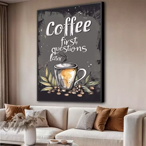 Quadro Café Primeiro Perguntas Depois deitado sobre a superfície, mostrando os detalhes da moldura inferior direita.