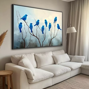 Quadro Calmaria dos Pássaros Azuis deitado sobre a superfície, mostrando os detalhes da moldura inferior direita.