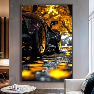 Quadro Carro Brilhante Nas Folhas de Outono deitado sobre a superfície, mostrando os detalhes da moldura inferior direita.
